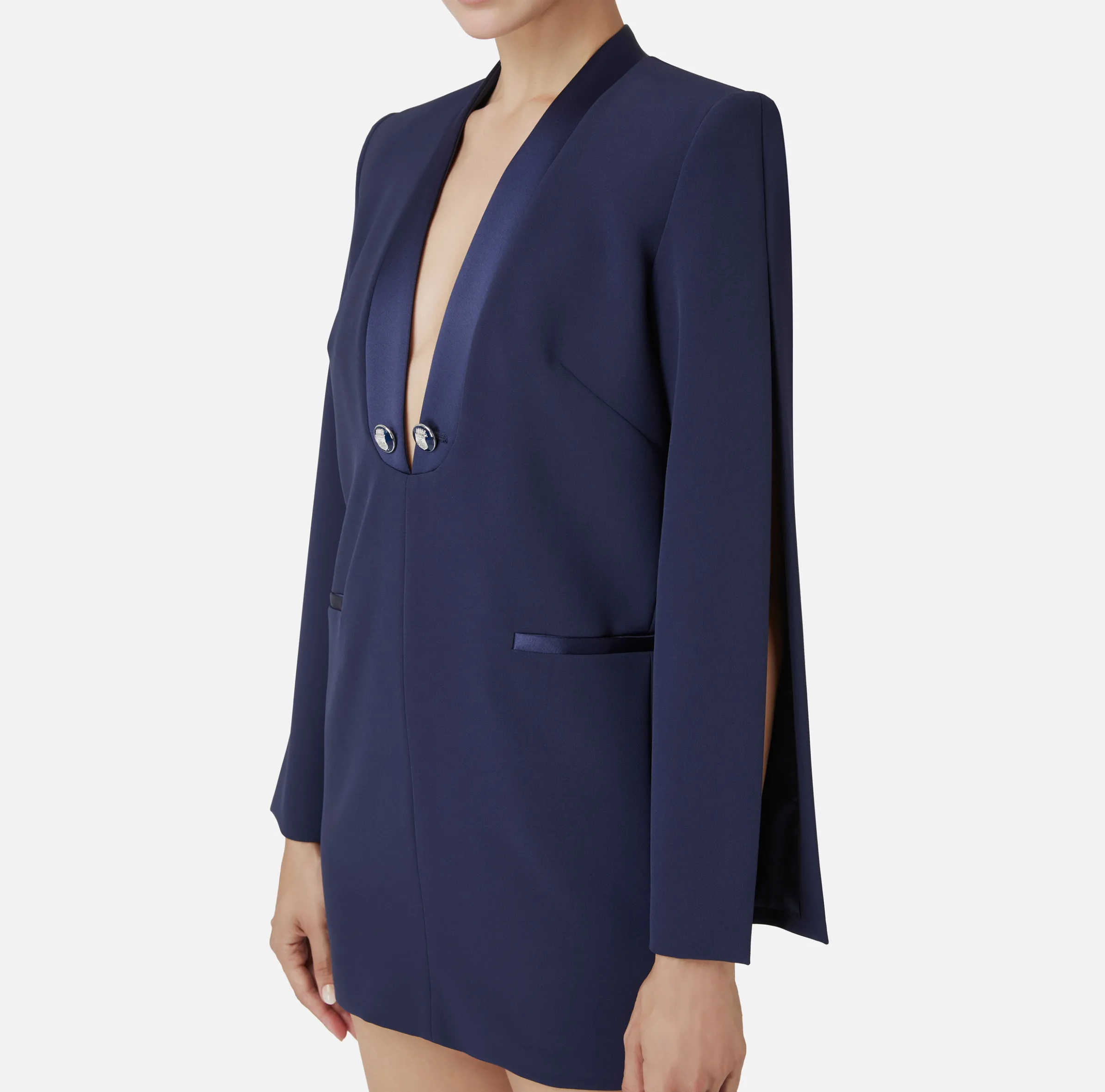 Abito boxy in crêpe con revers in raso