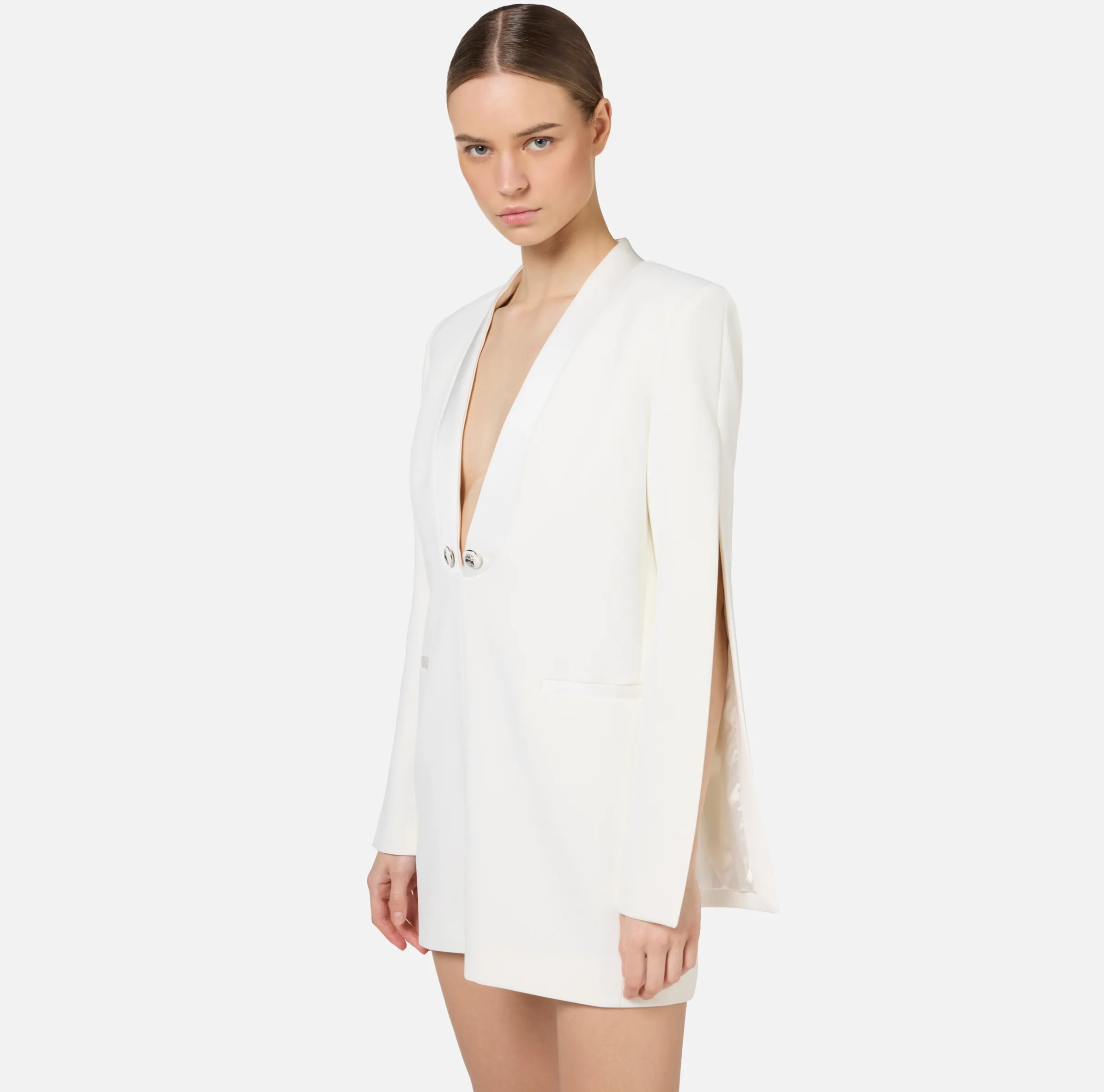 Abito boxy in crêpe con revers in raso