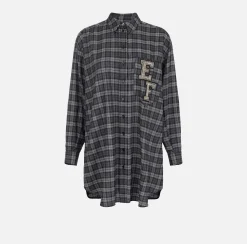 Abito camicia in lana tartan con patch ricamato