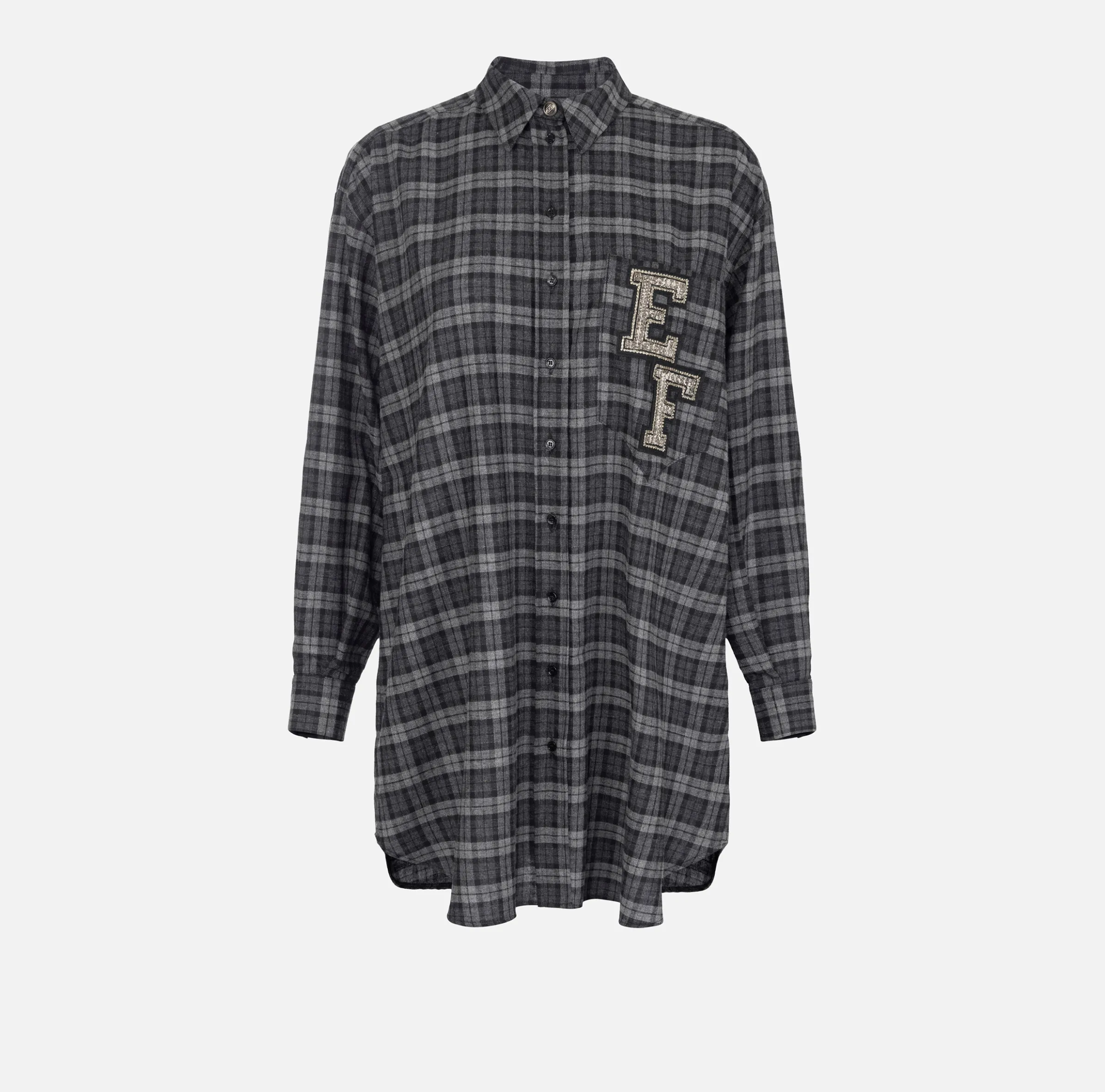 Abito camicia in lana tartan con patch ricamato