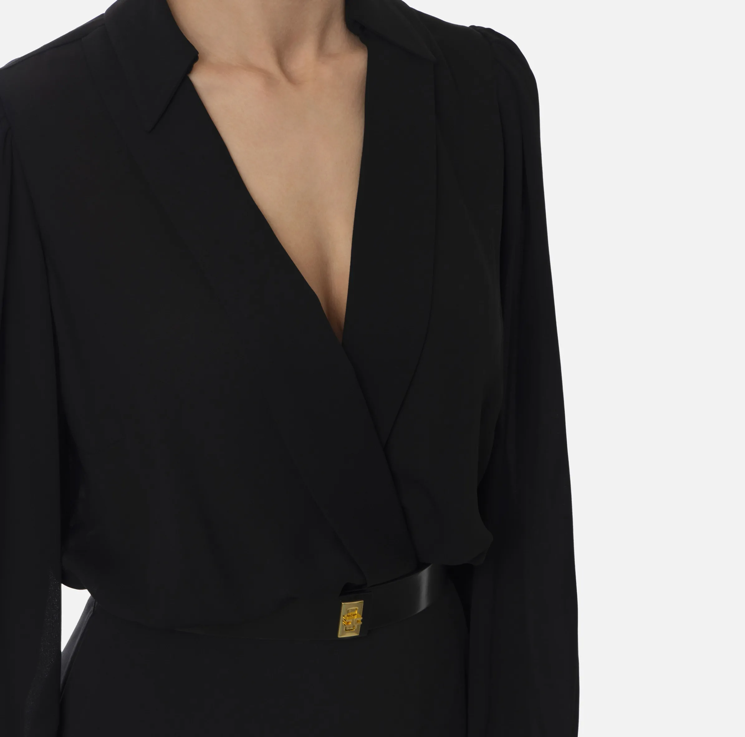 Abito lungo a camicia in crêpe con cintura