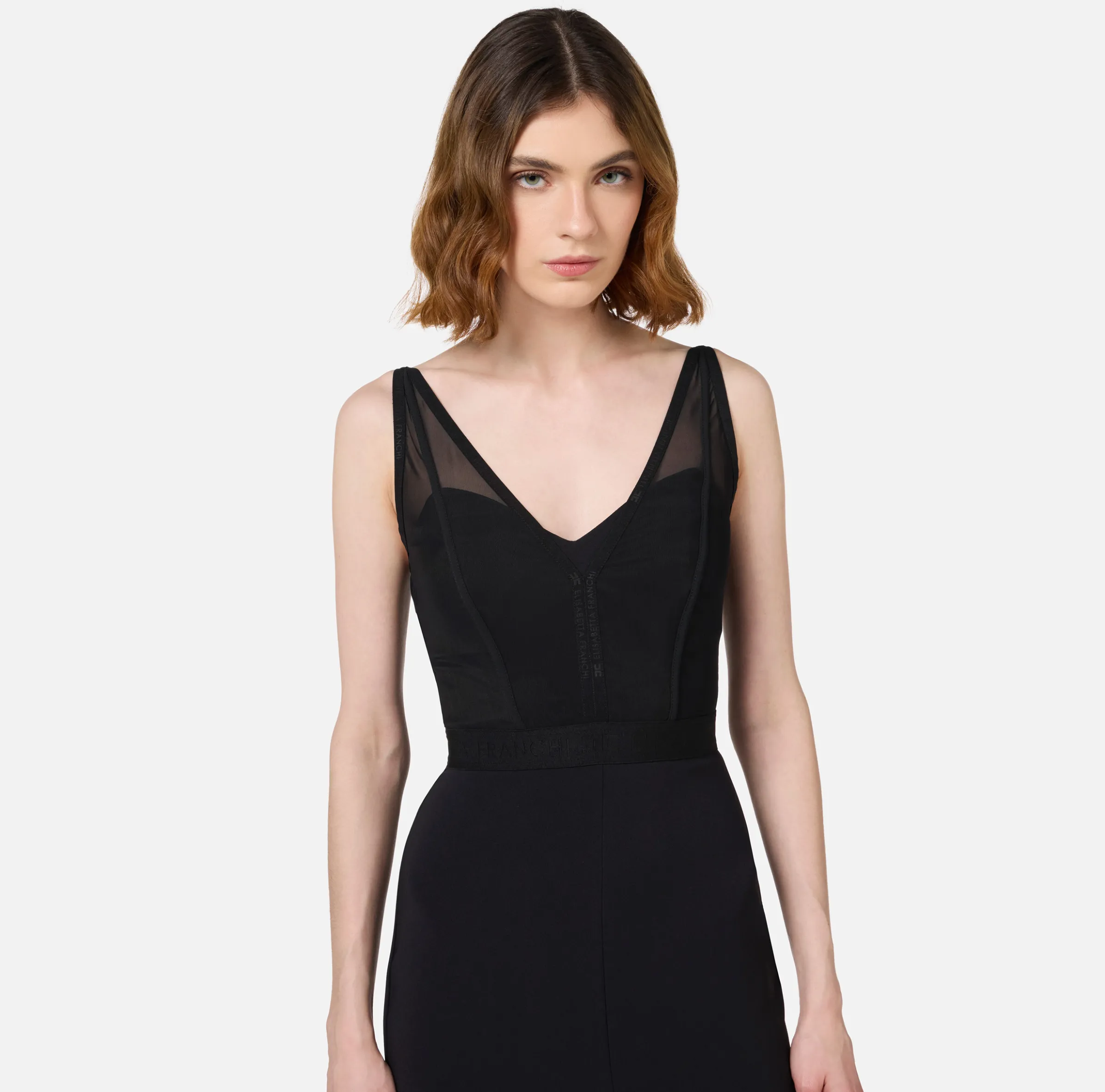 Abito midi con top bustier in tulle e crêpe