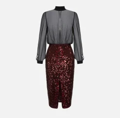Abito midi in georgette di seta ricamata con paillettes