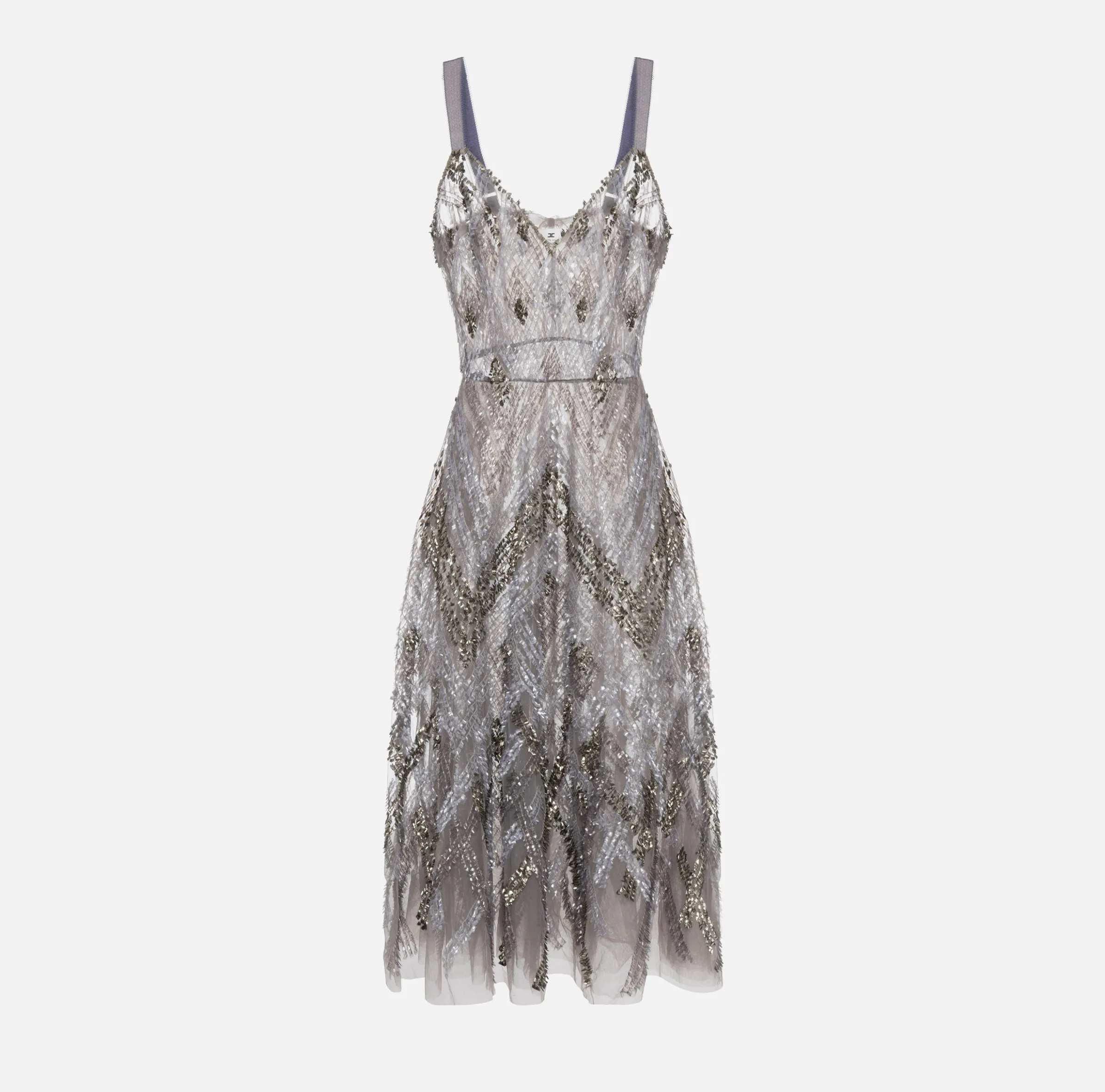 Abito midi in tulle con ricamo paillettes chevron