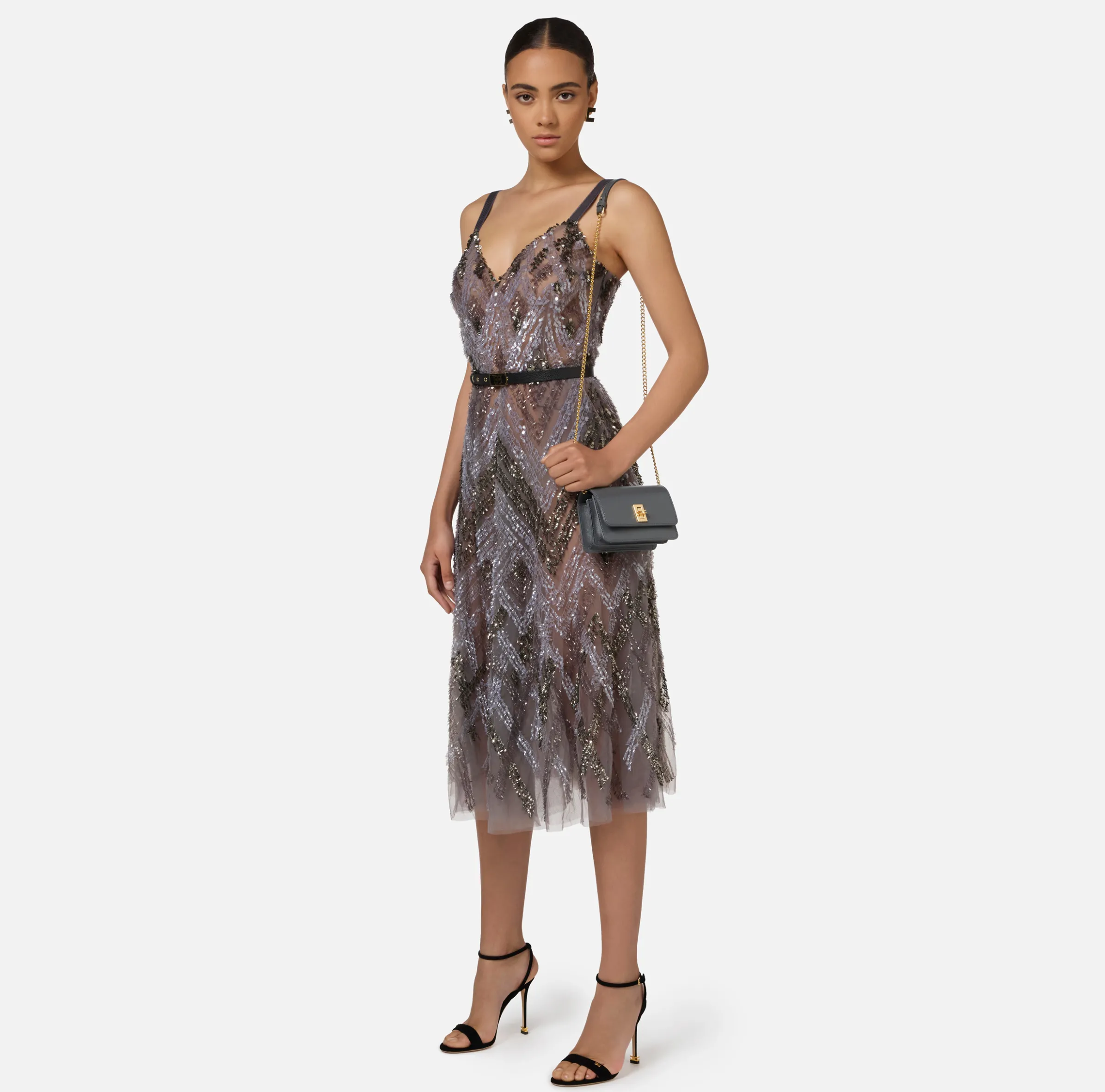 Abito midi in tulle con ricamo paillettes chevron