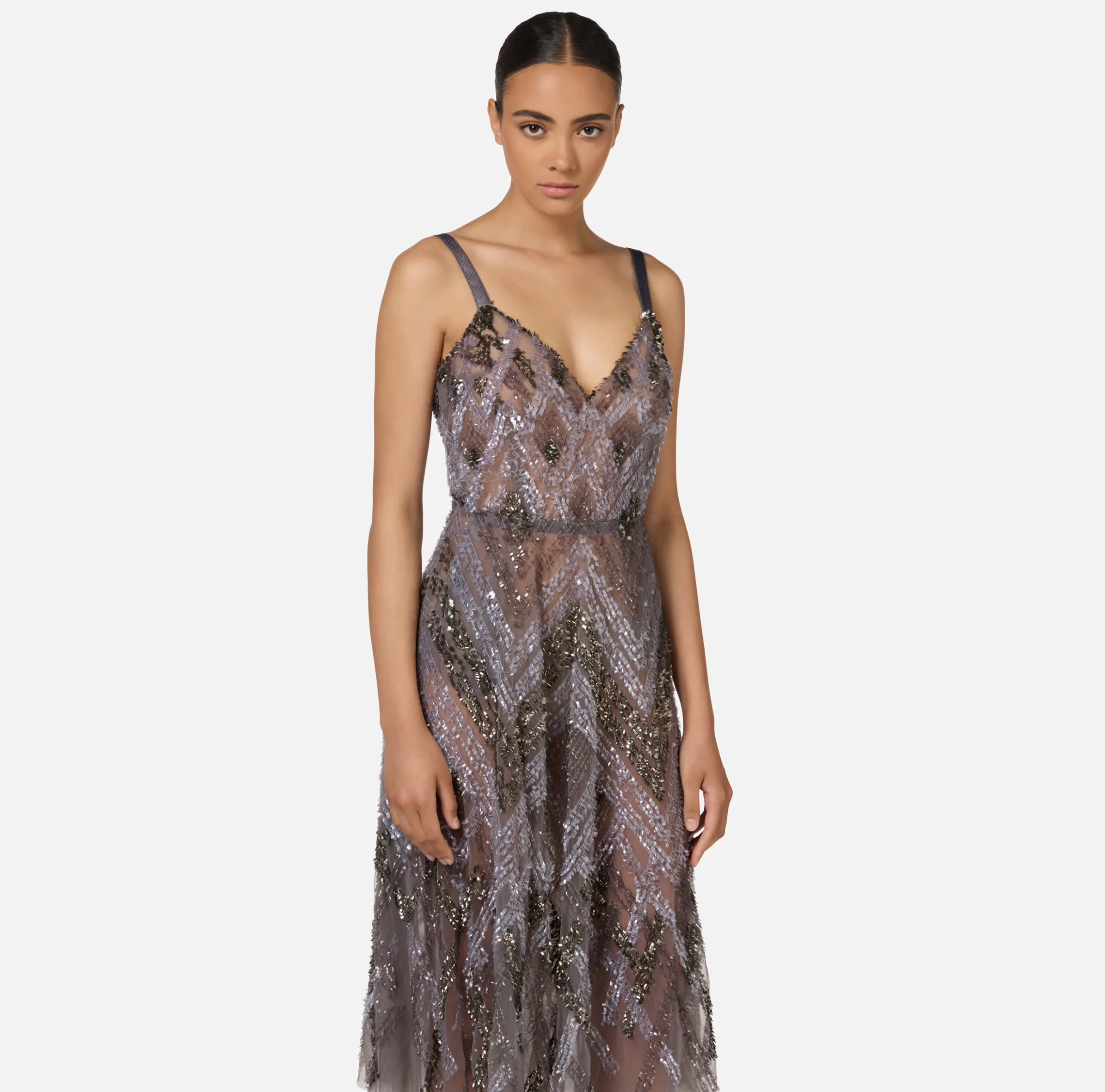 Abito midi in tulle con ricamo paillettes chevron