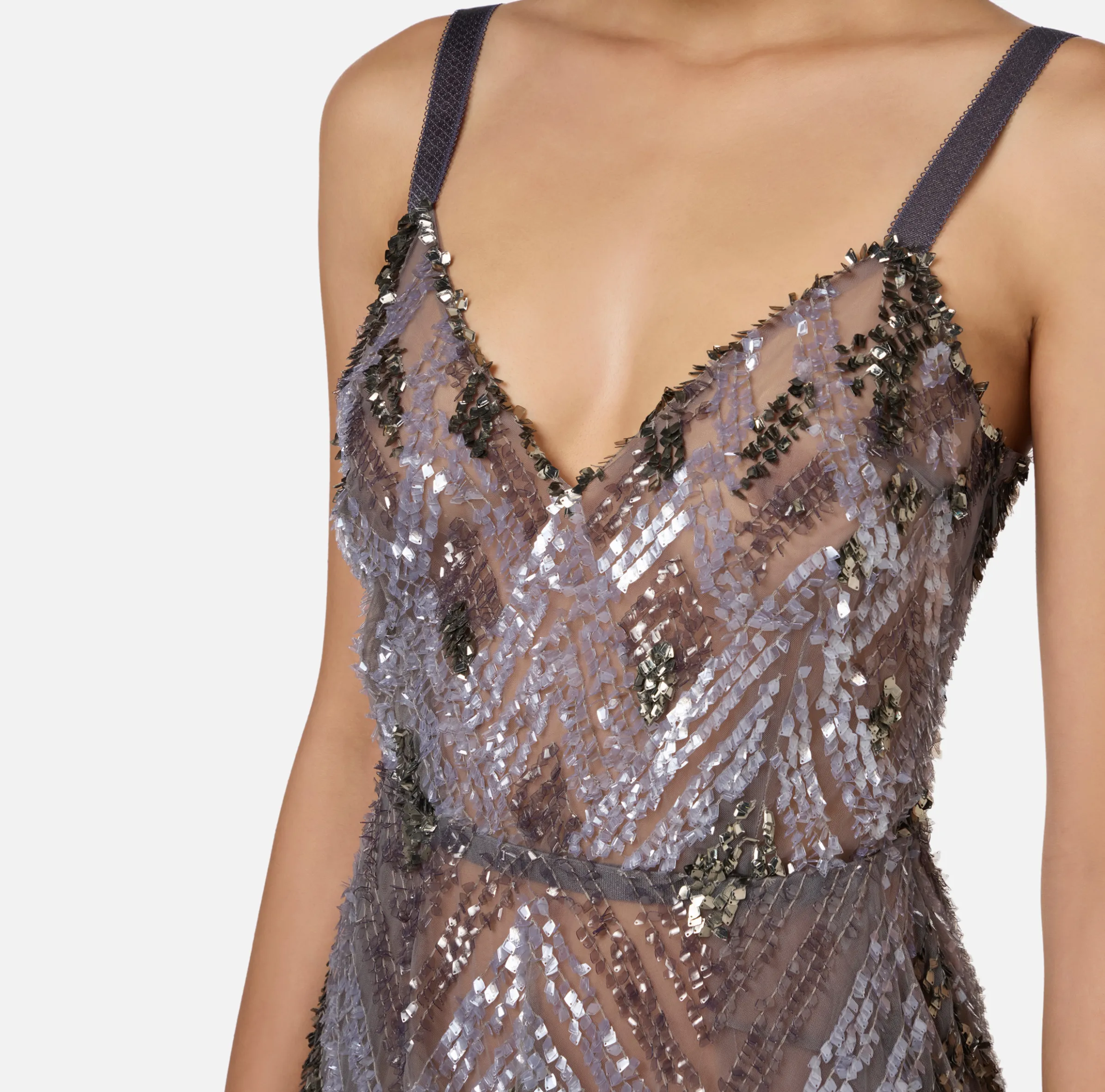 Abito midi in tulle con ricamo paillettes chevron