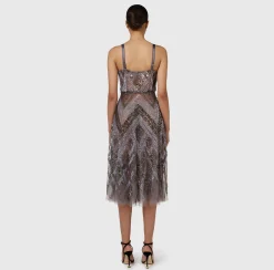 Abito midi in tulle con ricamo paillettes chevron
