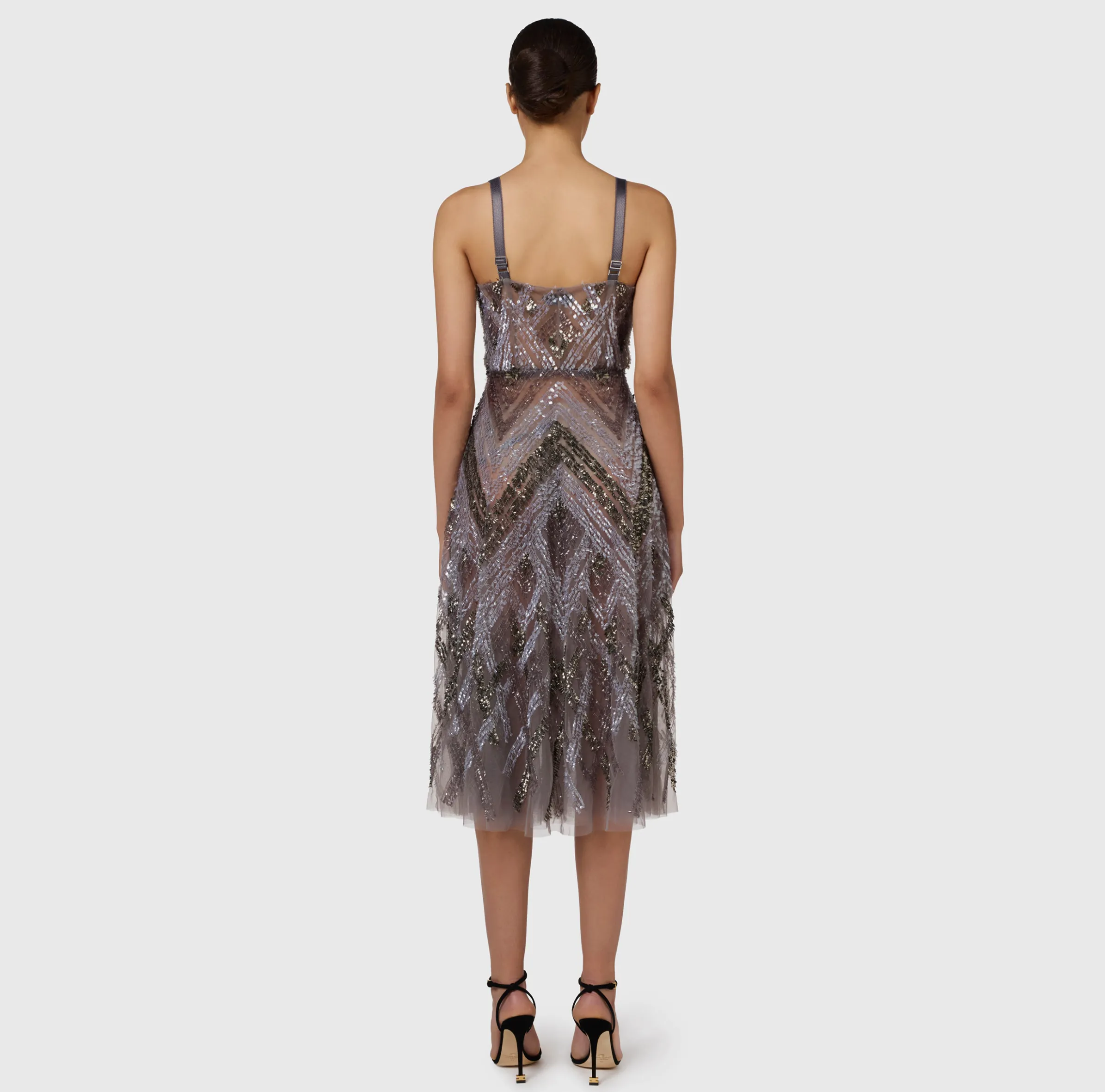 Abito midi in tulle con ricamo paillettes chevron