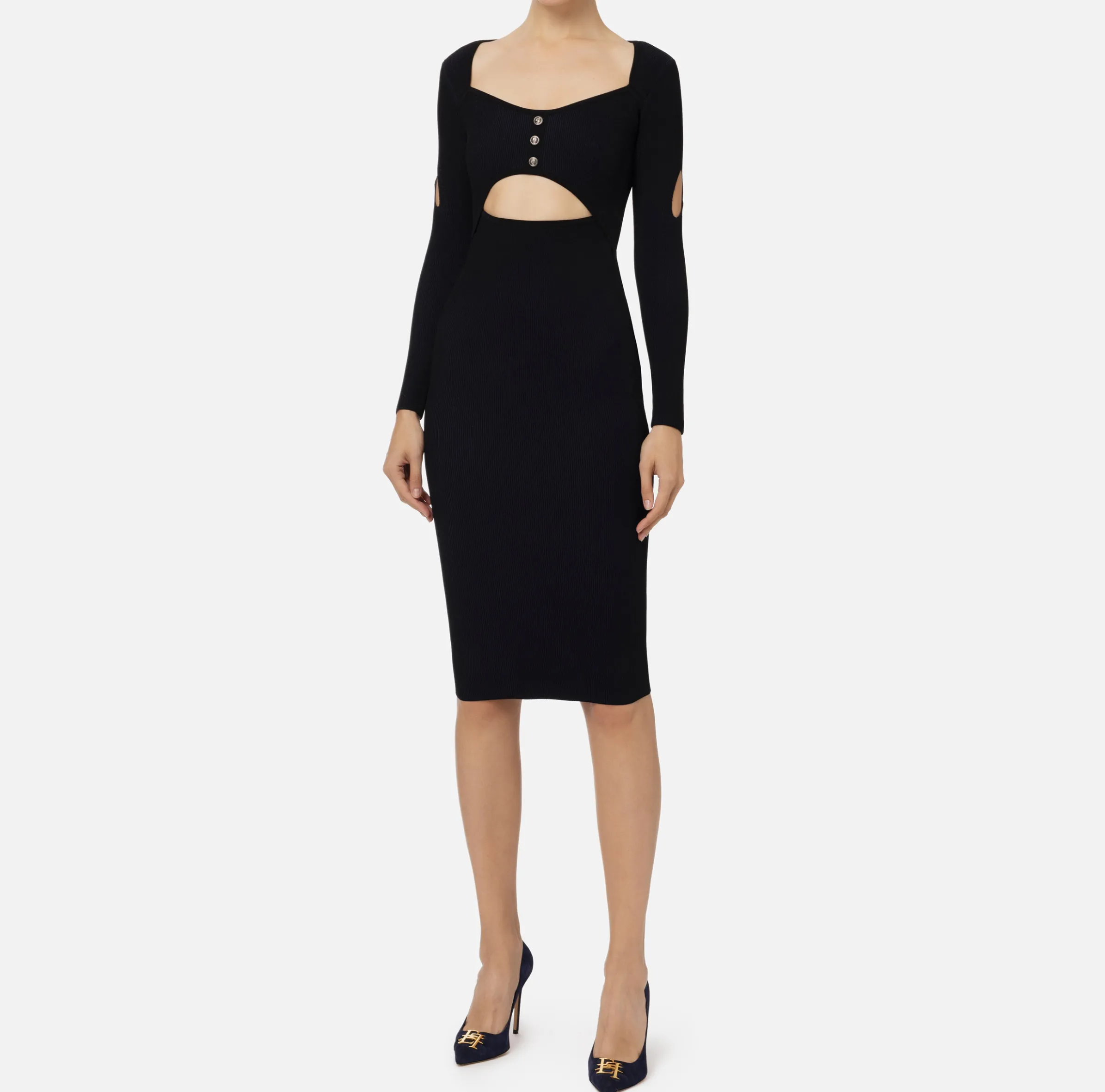 Abito midi in viscosa a costine con cut-out
