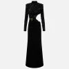 Abito red carpet in ciniglia ricamata con pailettes con cut-out