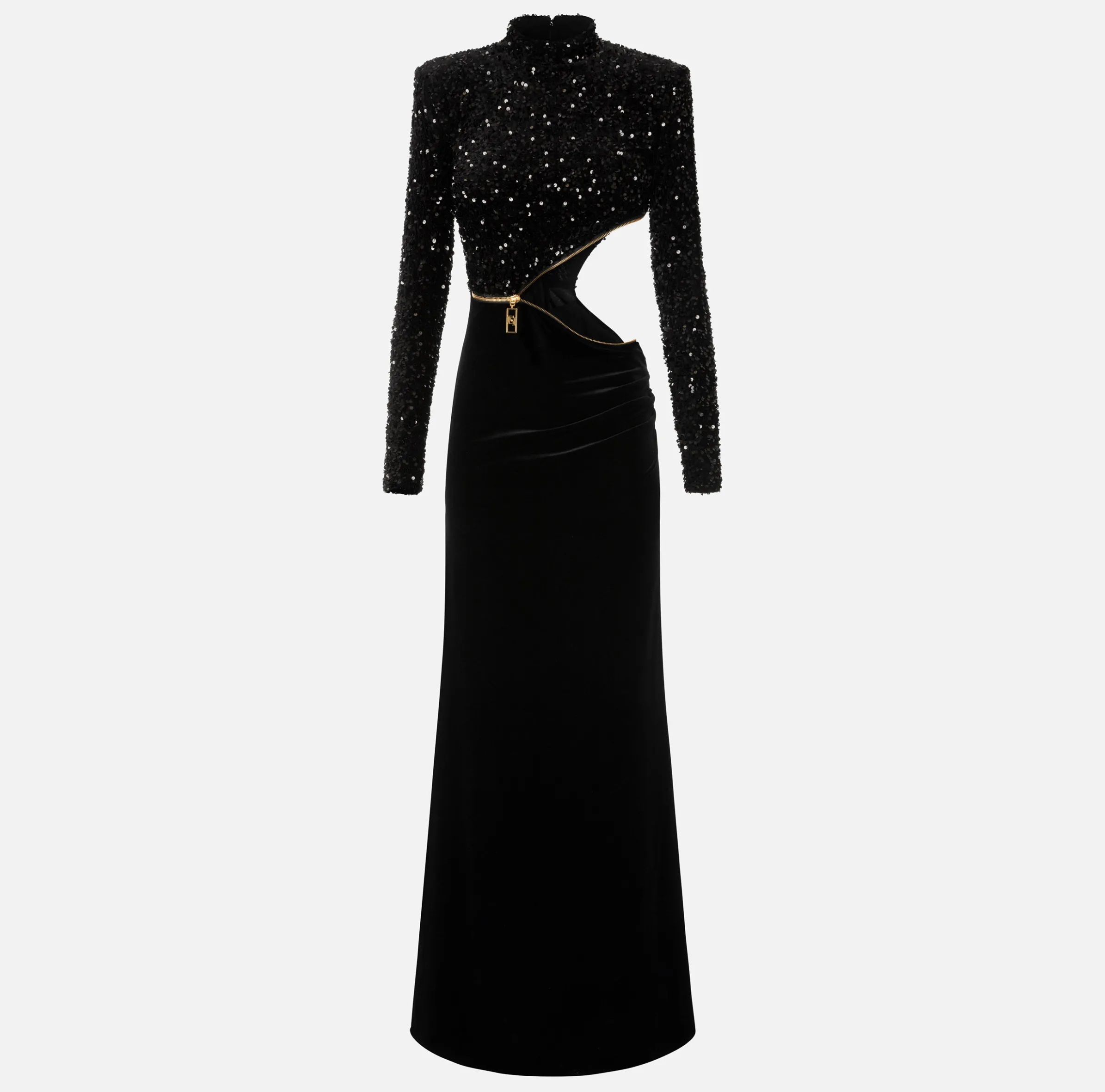 Abito red carpet in ciniglia ricamata con pailettes con cut-out