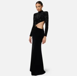 Abito red carpet in ciniglia ricamata con pailettes con cut-out
