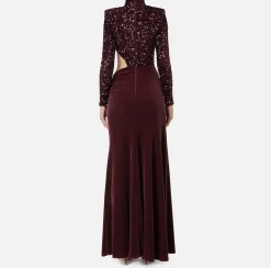 Abito red carpet in ciniglia ricamata con pailettes con cut-out