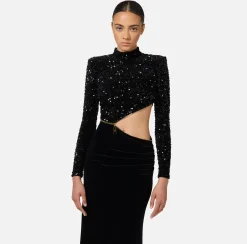 Abito red carpet in ciniglia ricamata con pailettes con cut-out