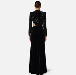 Abito red carpet in ciniglia ricamata con pailettes con cut-out