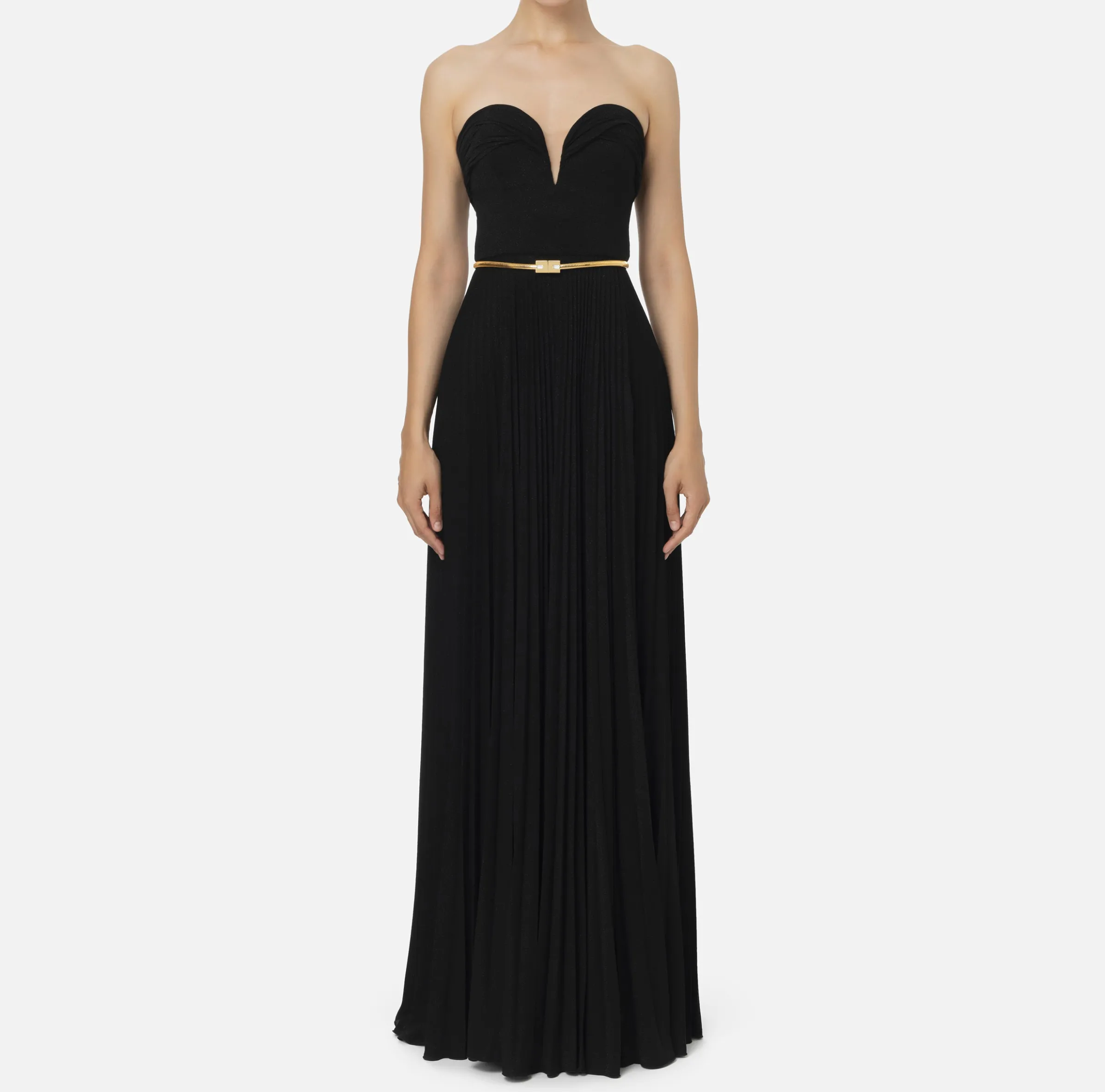 Abito red carpet in jersey lurex plissettato con cintura