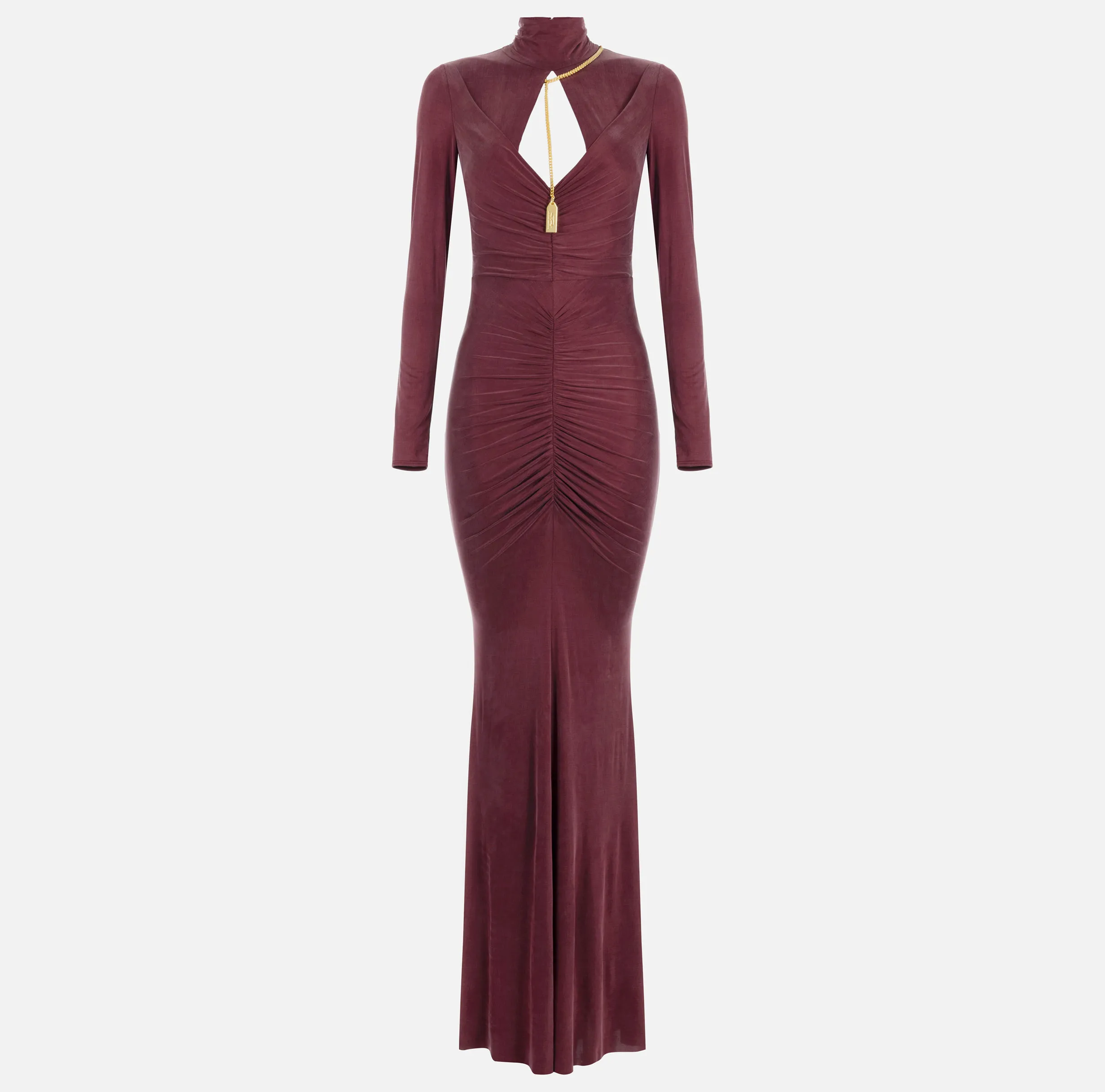 Abito red carpet in jersey drappeggiato con collana