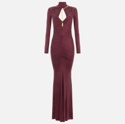 Abito red carpet in jersey drappeggiato con collana