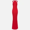 Abito red carpet in jersey con collana sulla schiena