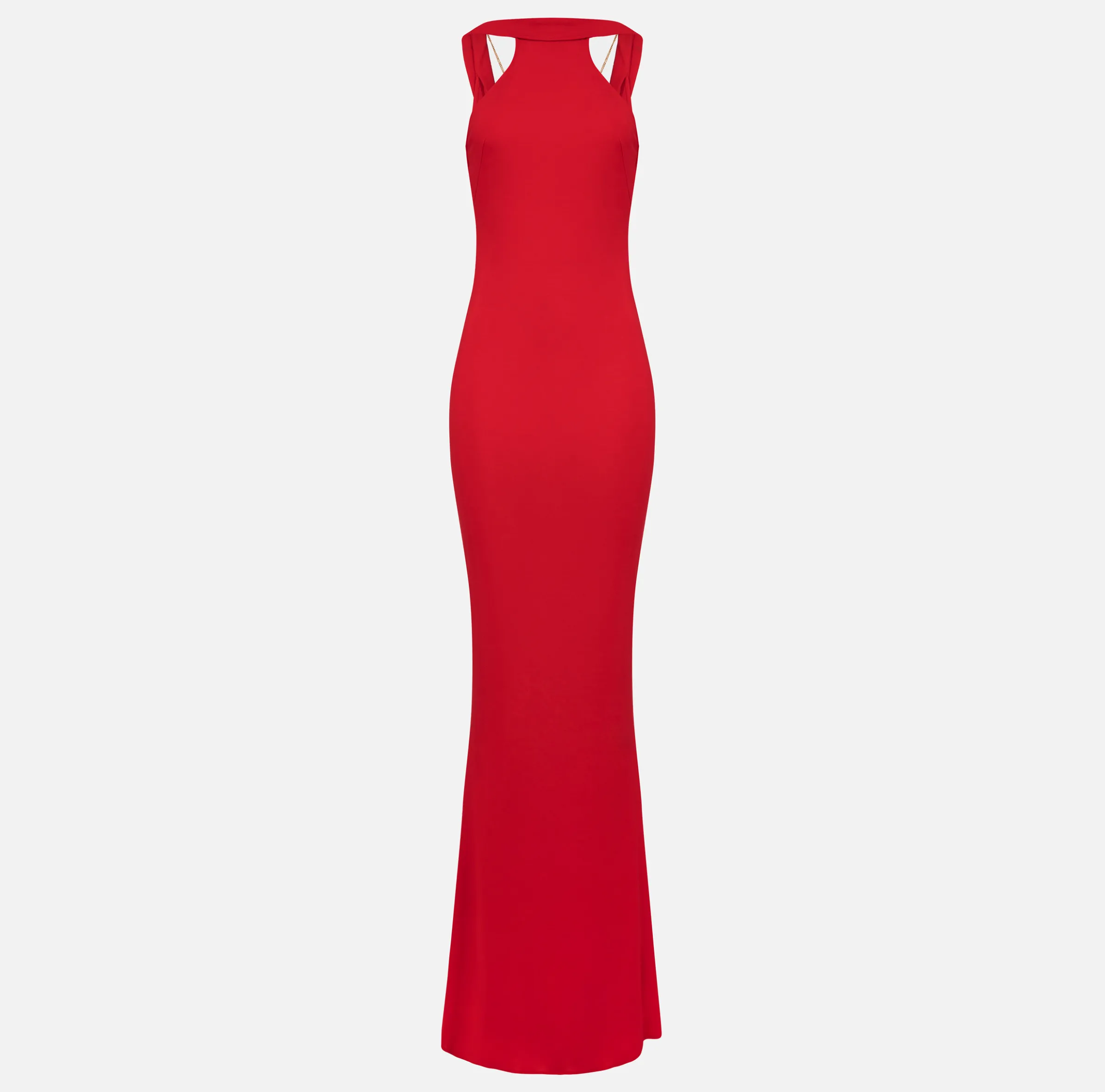 Abito red carpet in jersey con collana sulla schiena