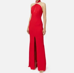 Abito red carpet in jersey con drappeggio e placca logo