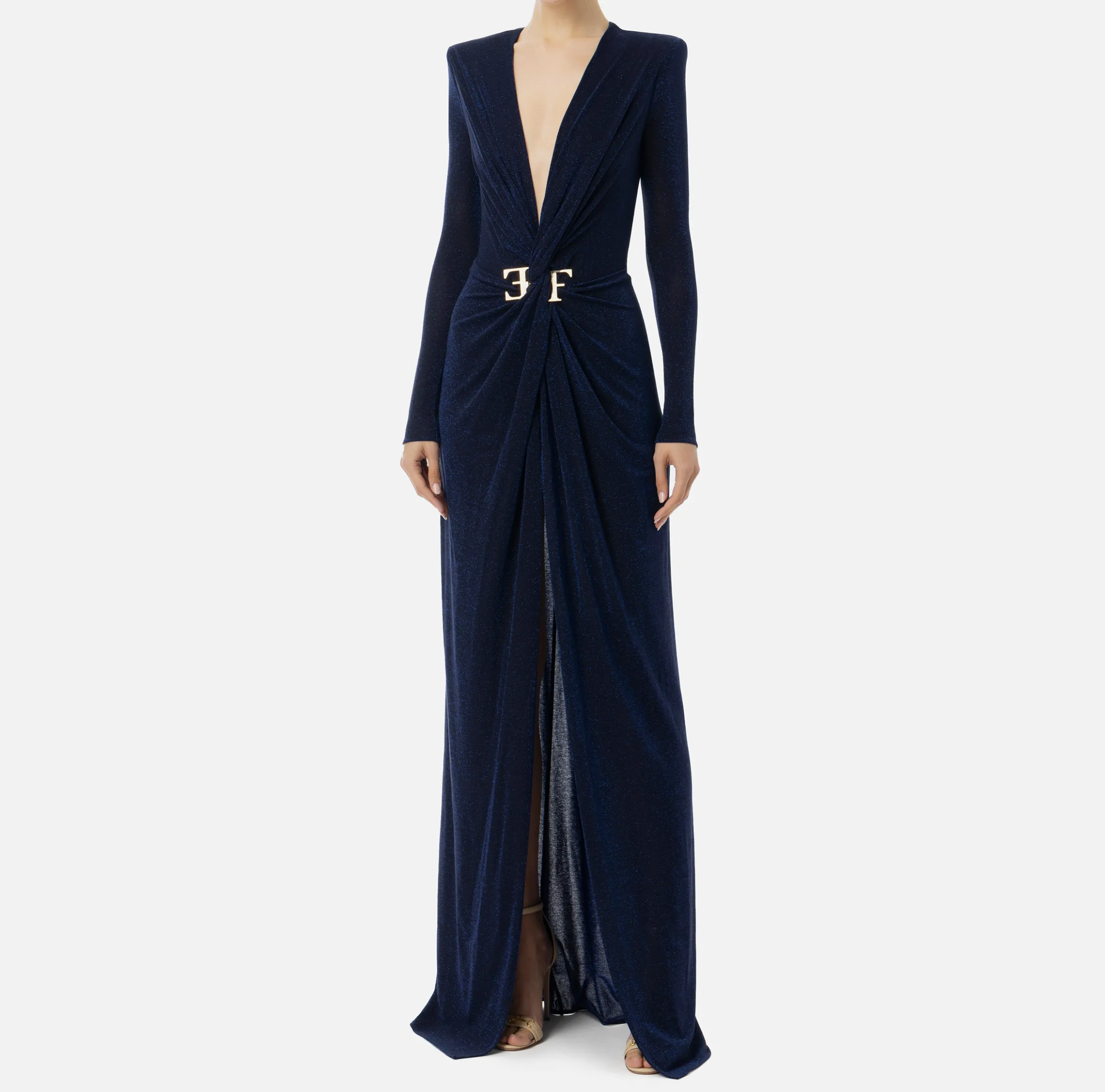 Abito red carpet in jersey lurex con nodo e accessorio logo