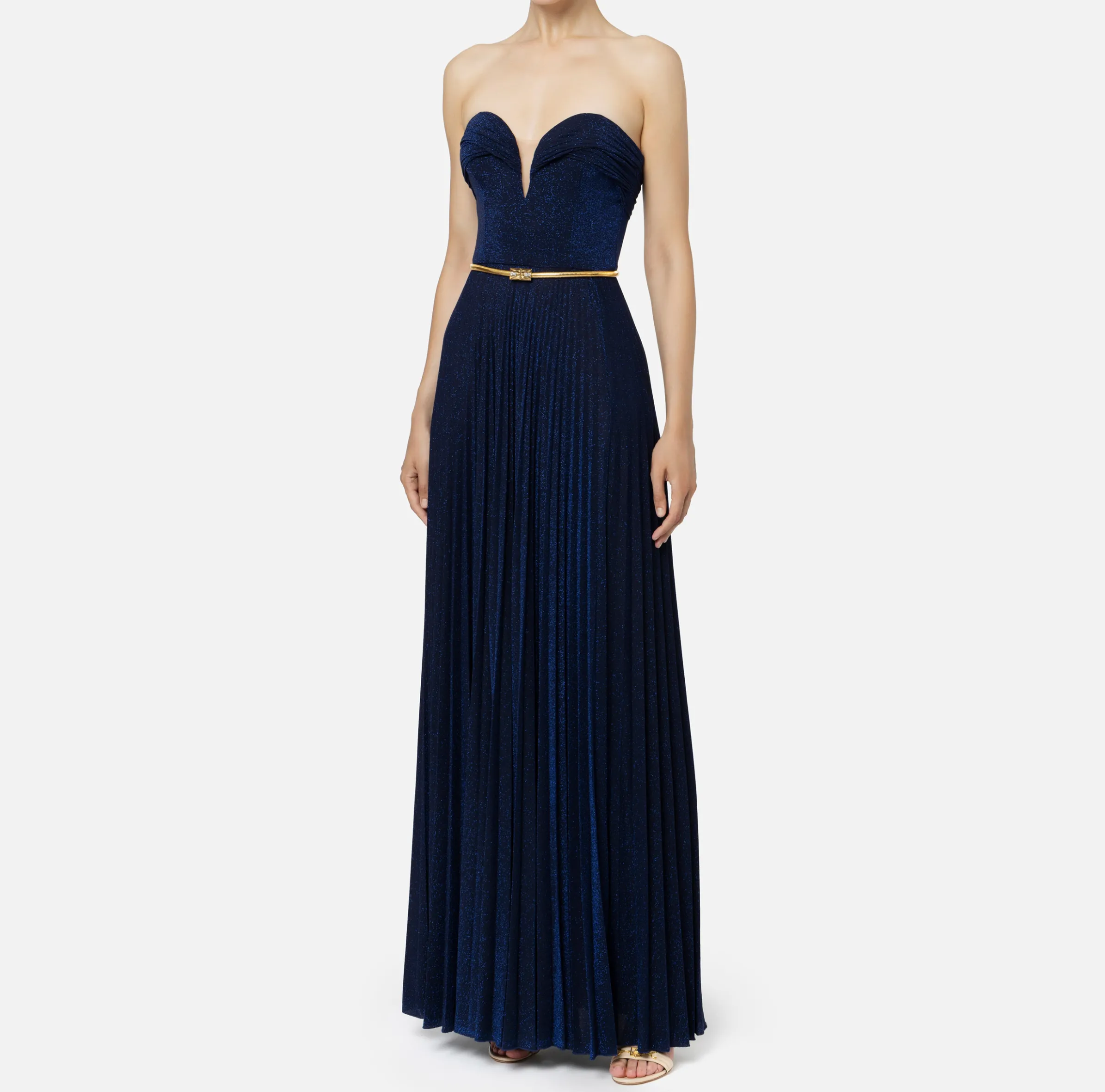 Abito red carpet in jersey lurex plissettato con cintura