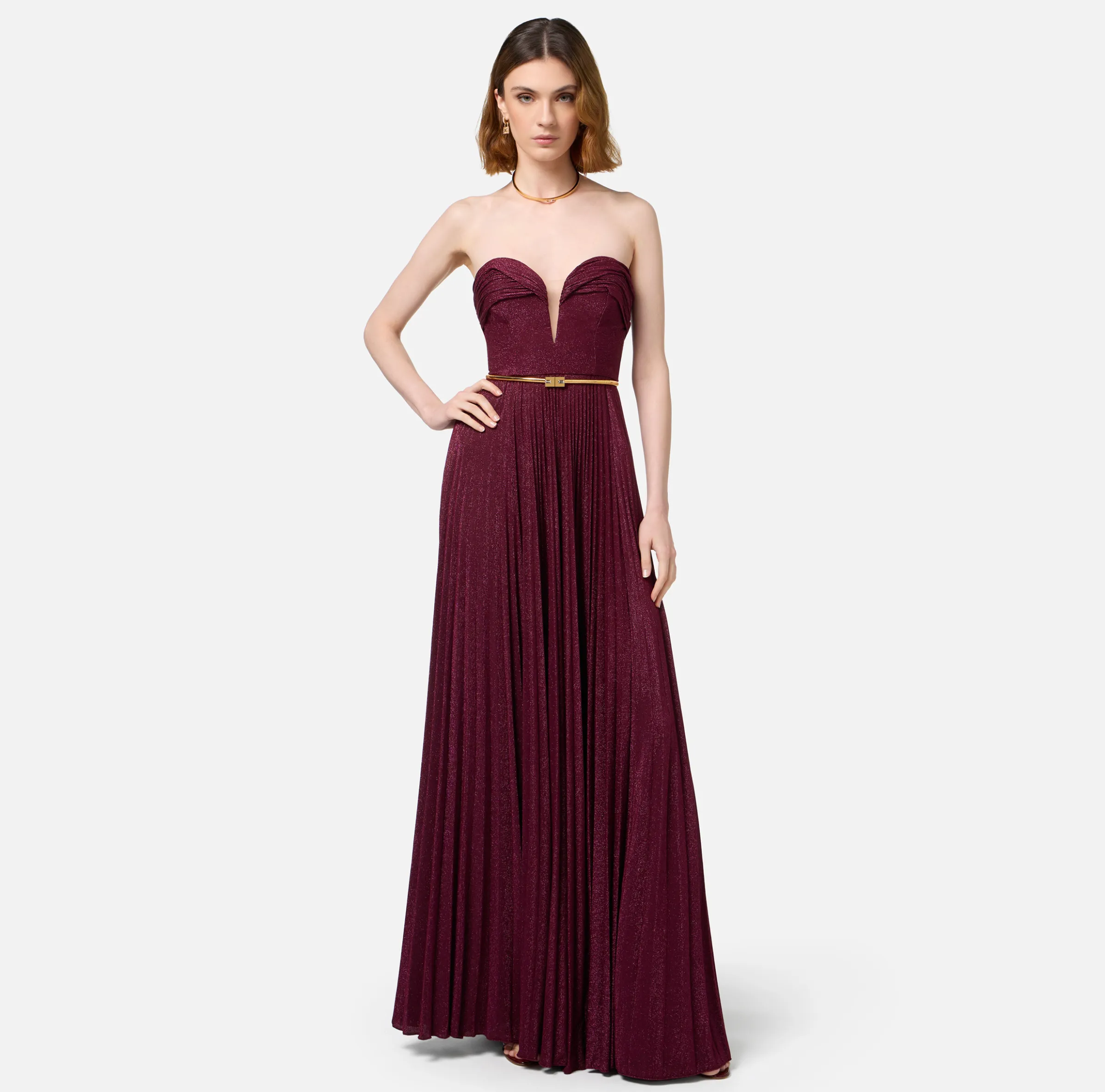 Abito red carpet in jersey lurex plissettato con cintura