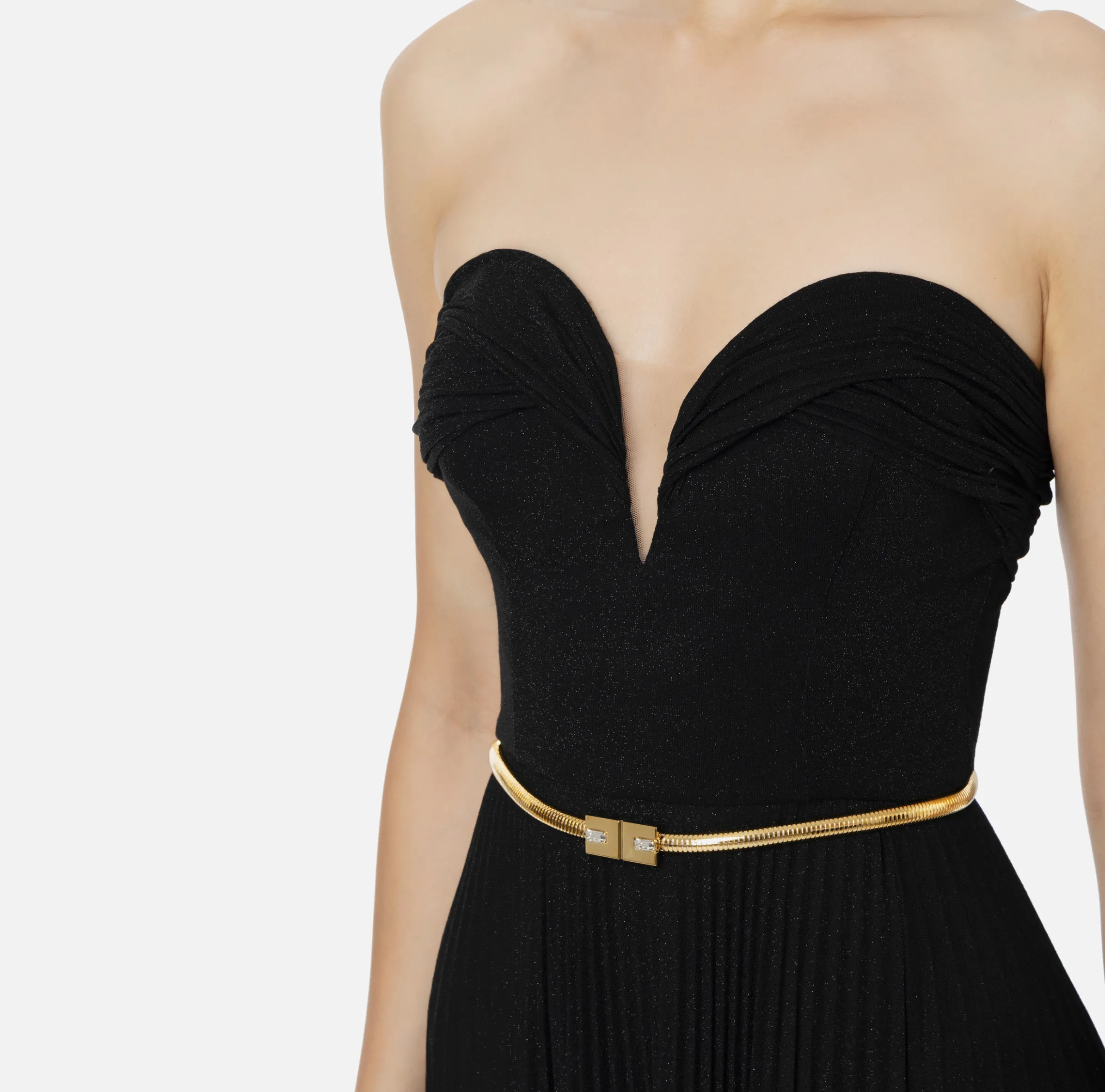 Abito red carpet in jersey lurex plissettato con cintura
