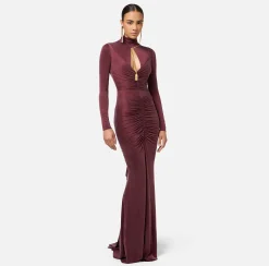 Abito red carpet in jersey drappeggiato con collana