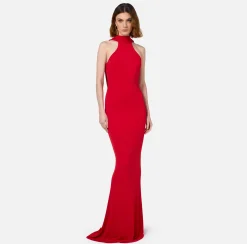 Abito red carpet in jersey con collana sulla schiena