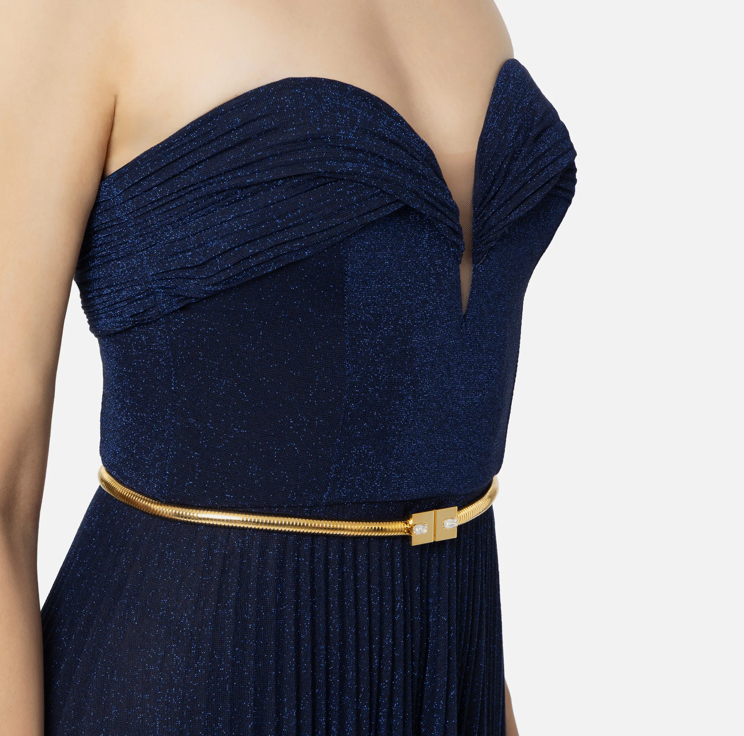 Abito red carpet in jersey lurex plissettato con cintura