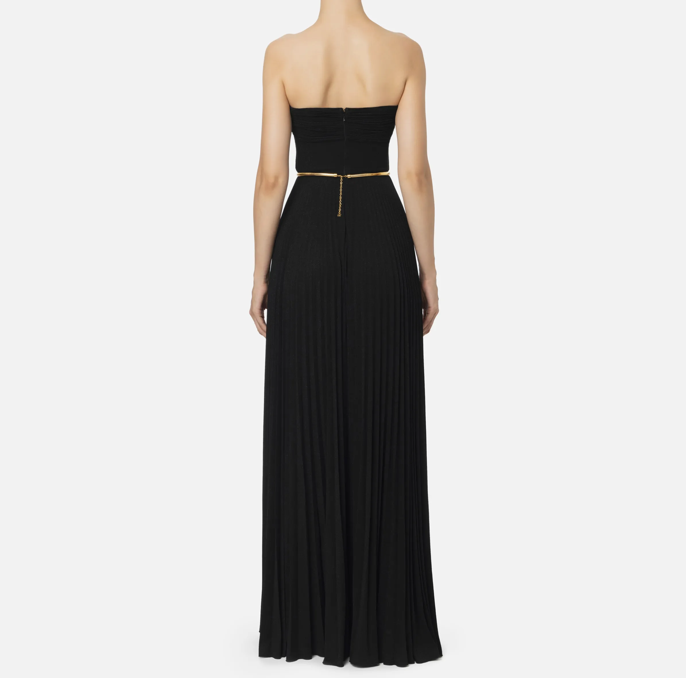 Abito red carpet in jersey lurex plissettato con cintura
