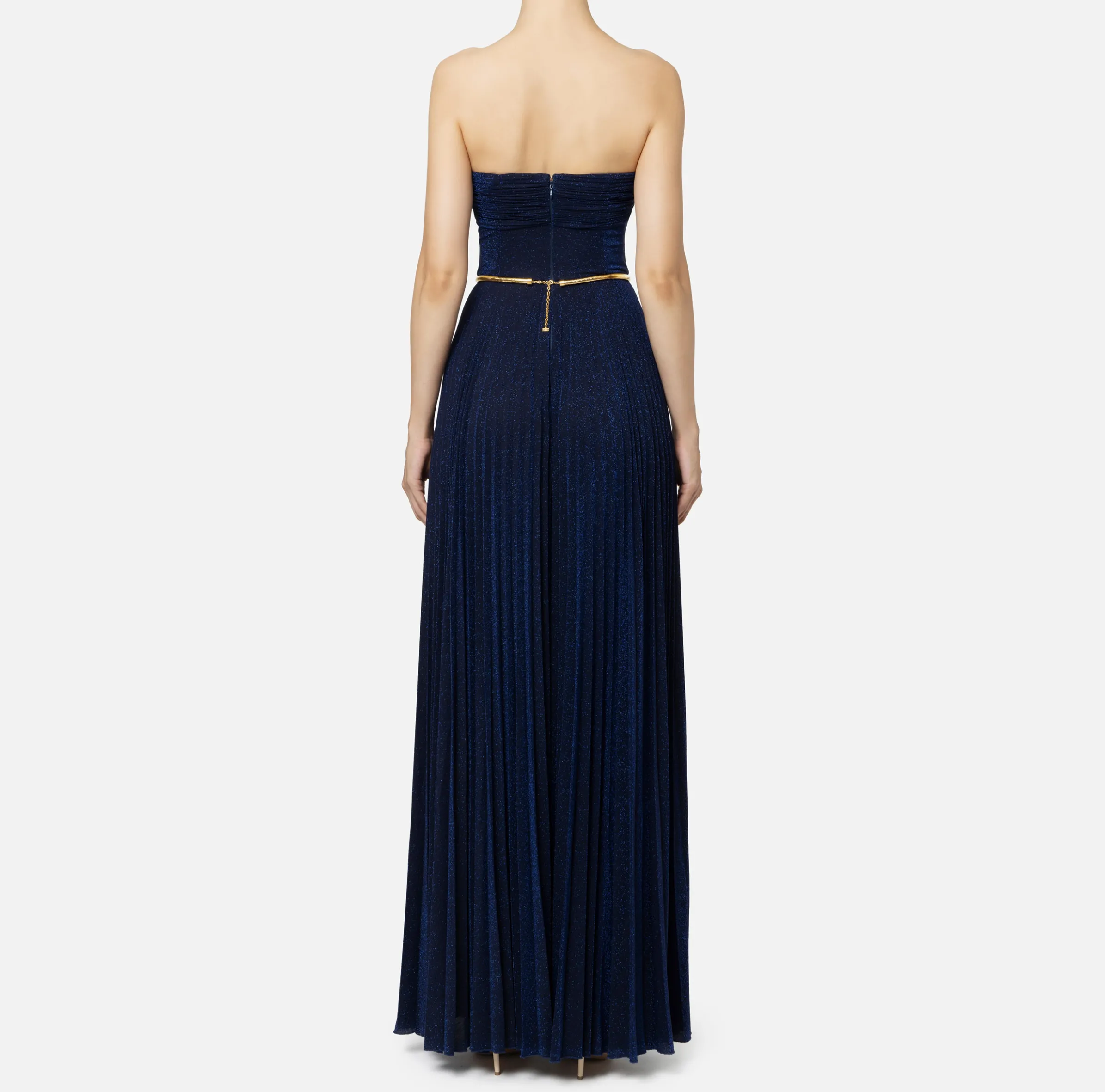 Abito red carpet in jersey lurex plissettato con cintura