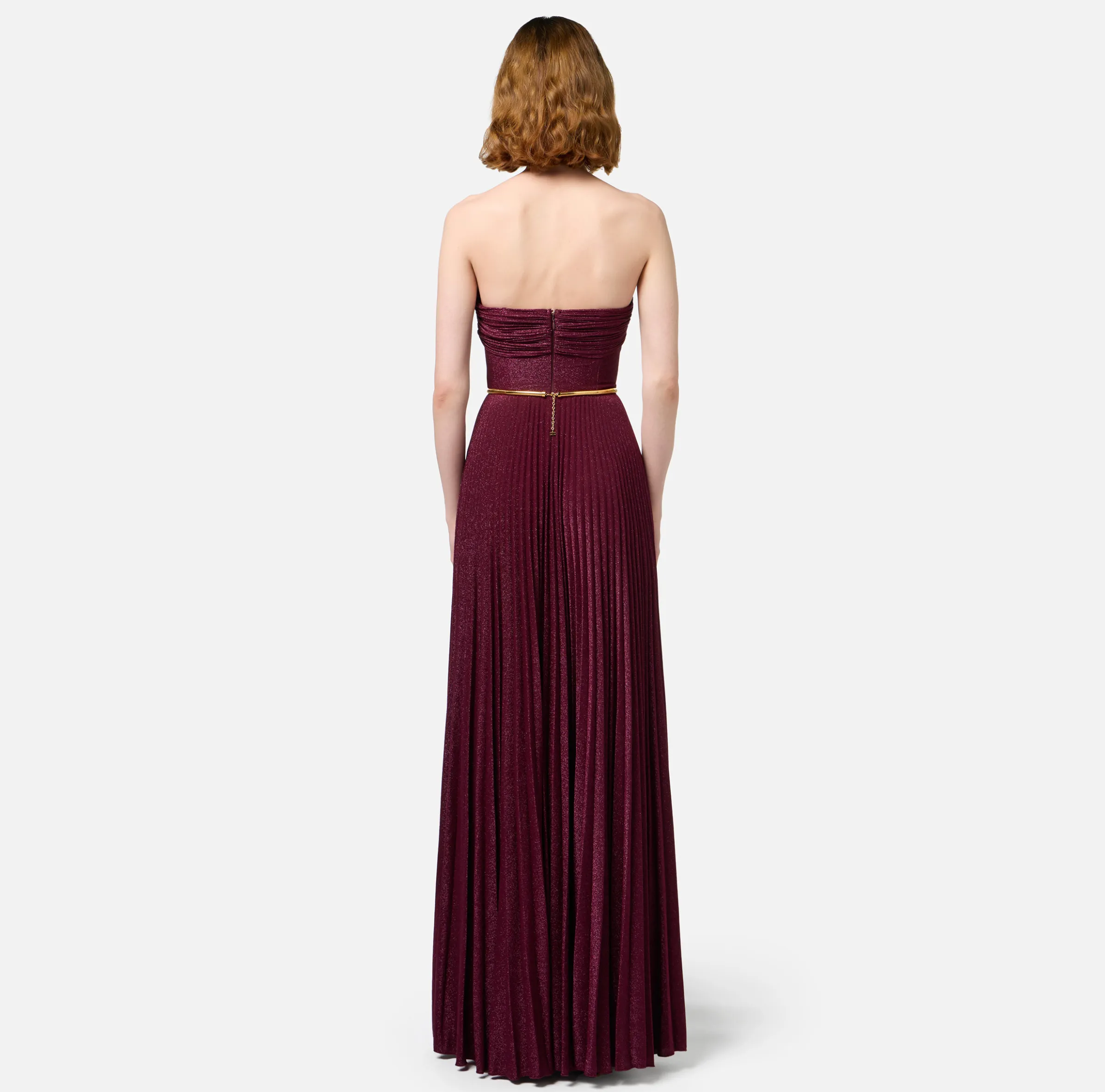 Abito red carpet in jersey lurex plissettato con cintura