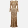 Abito red carpet in paillettes con catena e strass
