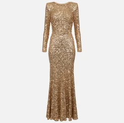 Abito red carpet in paillettes con catena e strass
