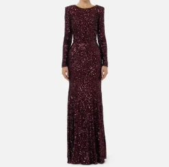 Abito red carpet in paillettes con catena e strass
