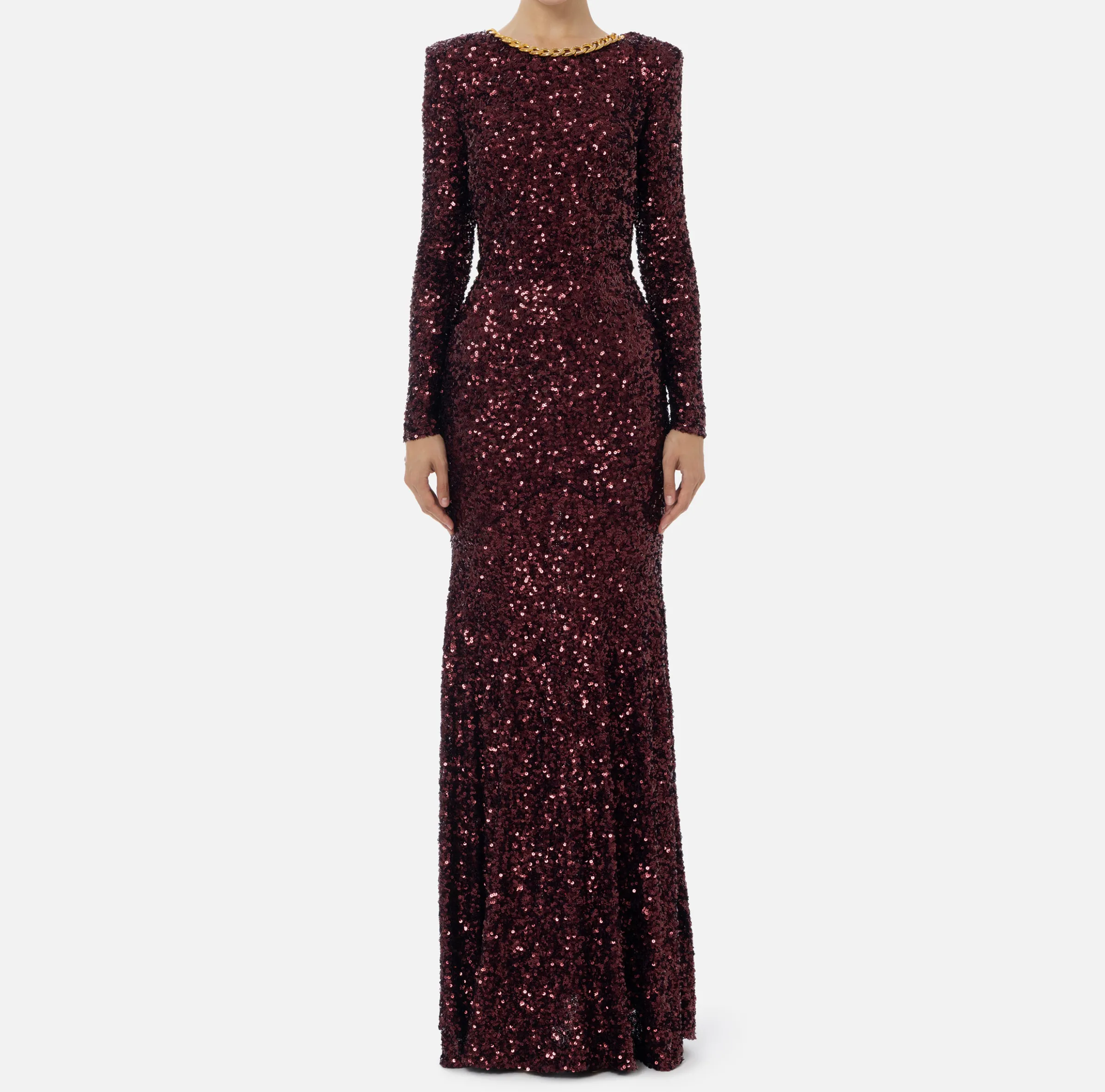 Abito red carpet in paillettes con catena e strass
