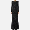 Abito red carpet in paillettes con catena e strass