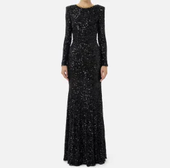 Abito red carpet in paillettes con catena e strass