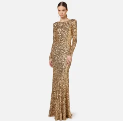 Abito red carpet in paillettes con catena e strass