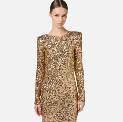 Abito red carpet in paillettes con catena e strass