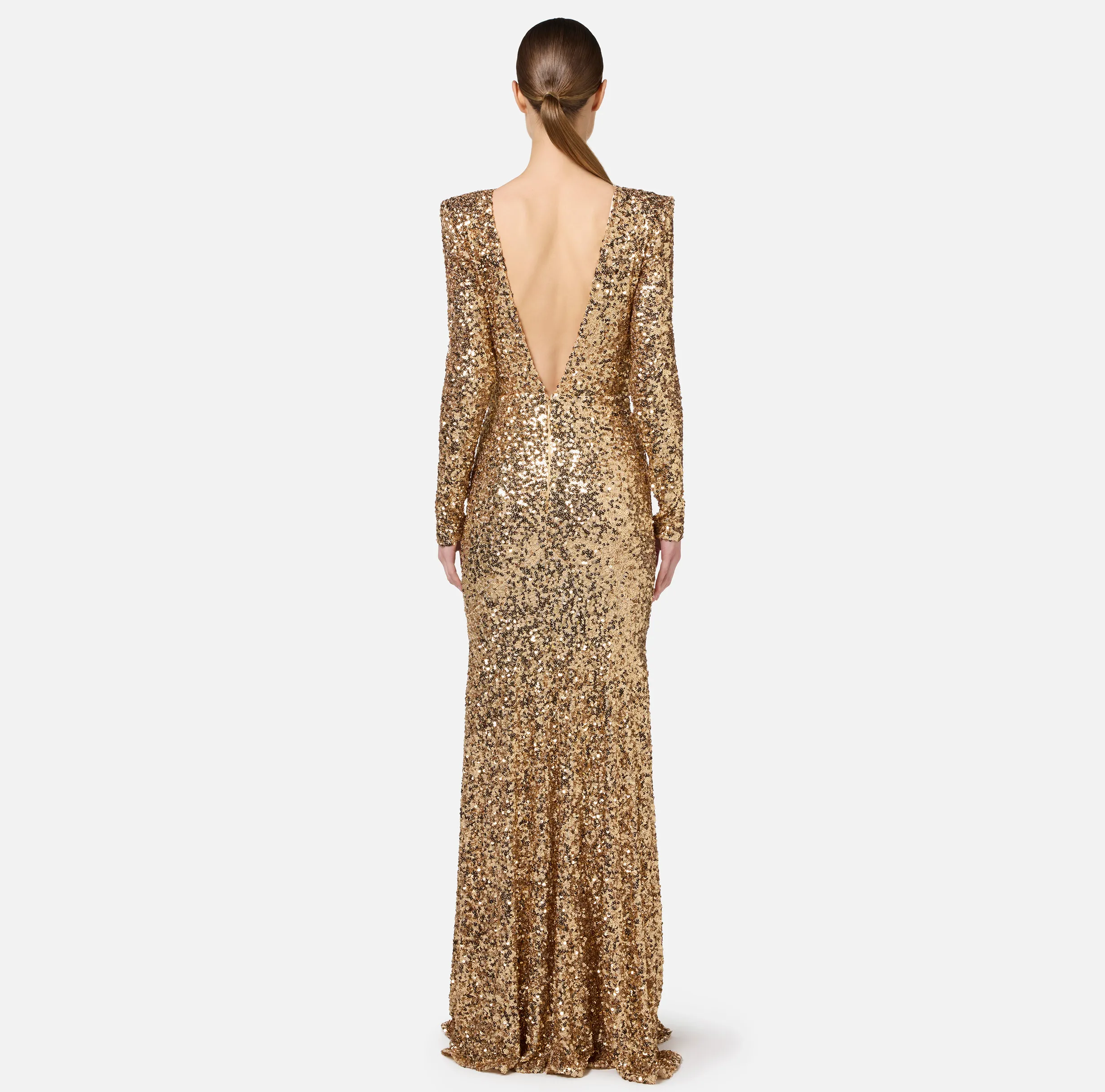 Abito red carpet in paillettes con inserti in raso