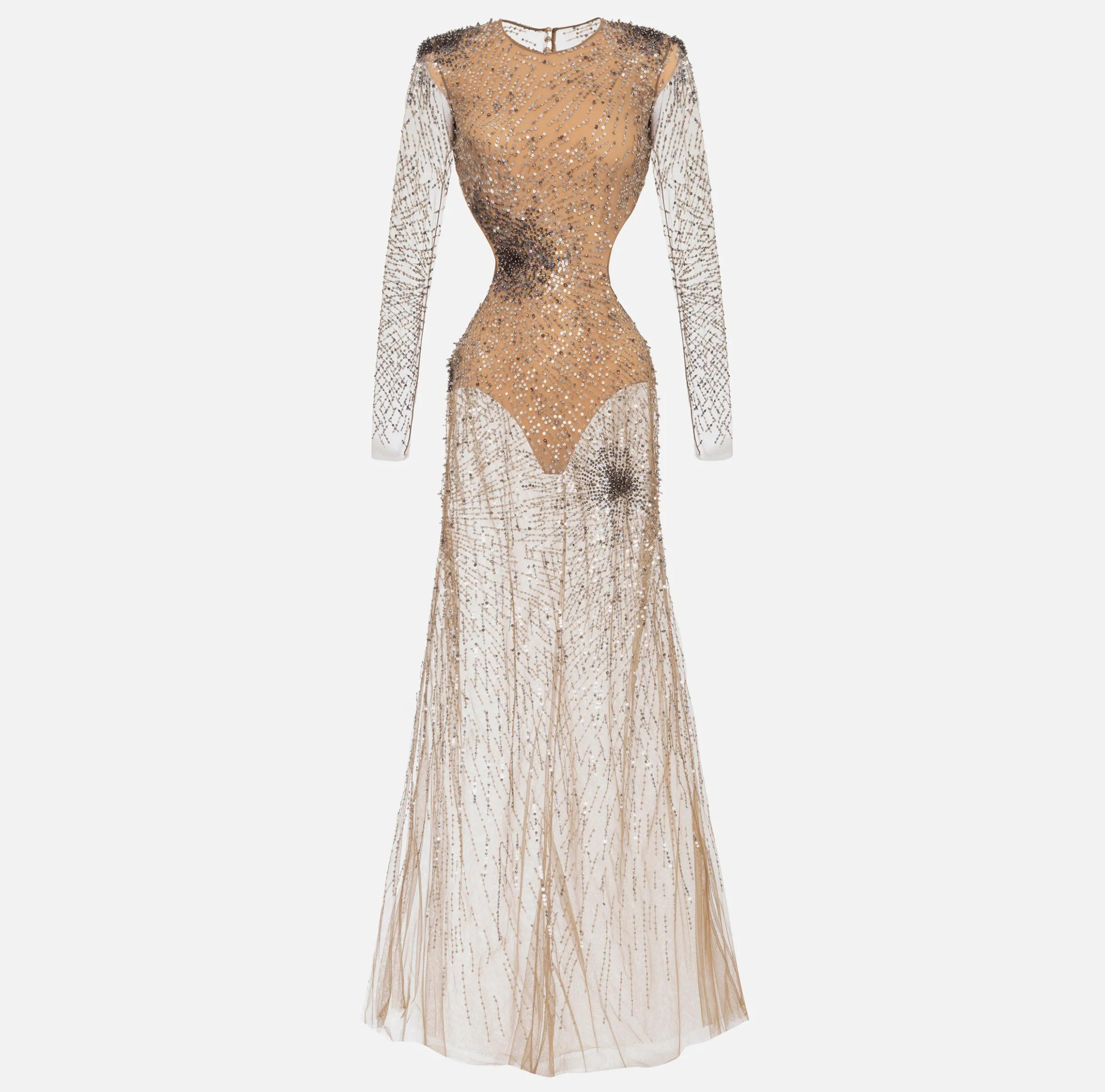 Abito red carpet in tulle stretch ricamato con paillettes fireworks