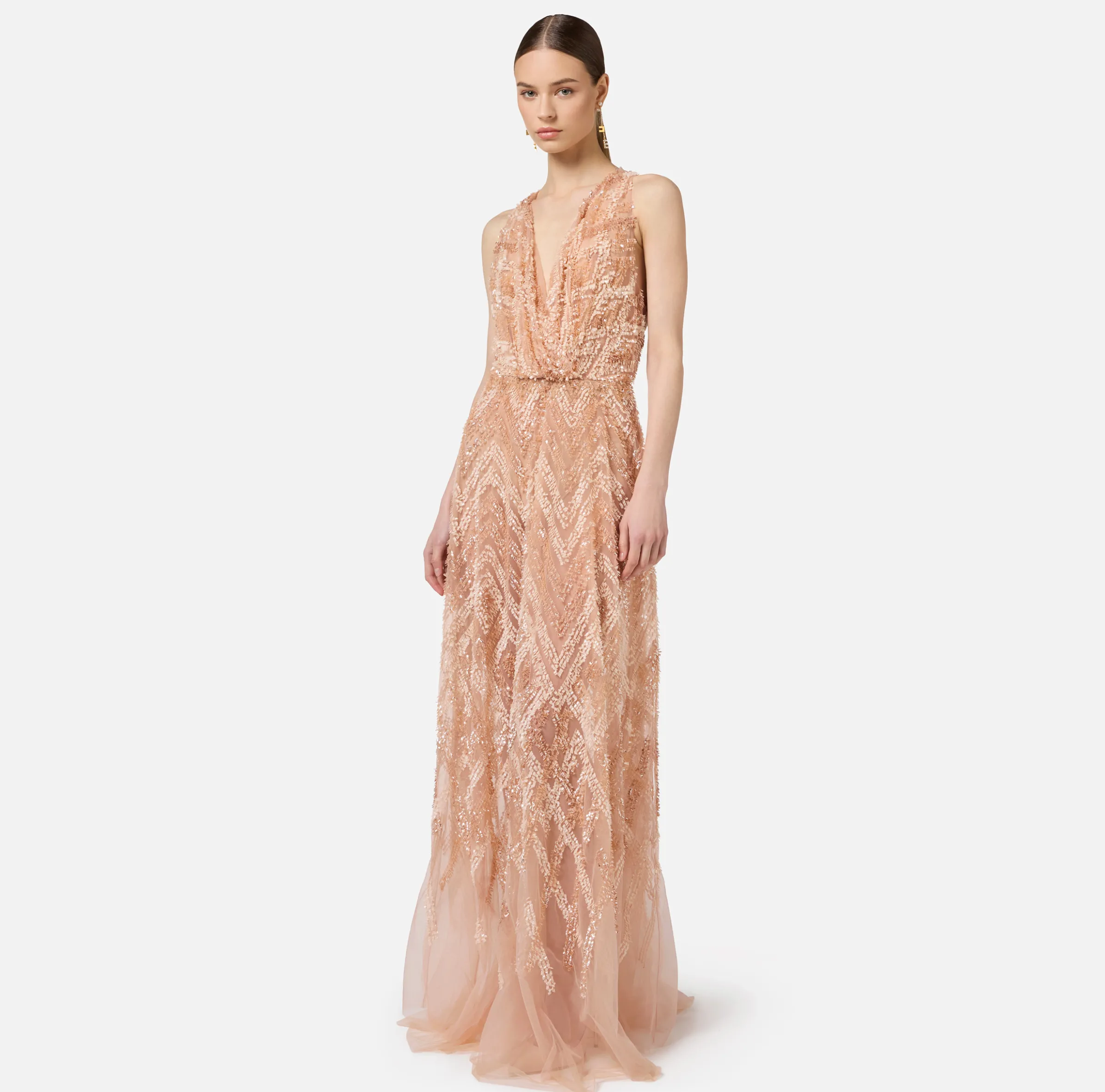 Abito red carpet in tulle con ricamo paillettes chevron