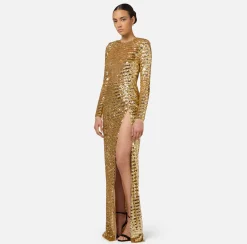 Abito red carpet in tulle ricamato con paillettes con cut-out