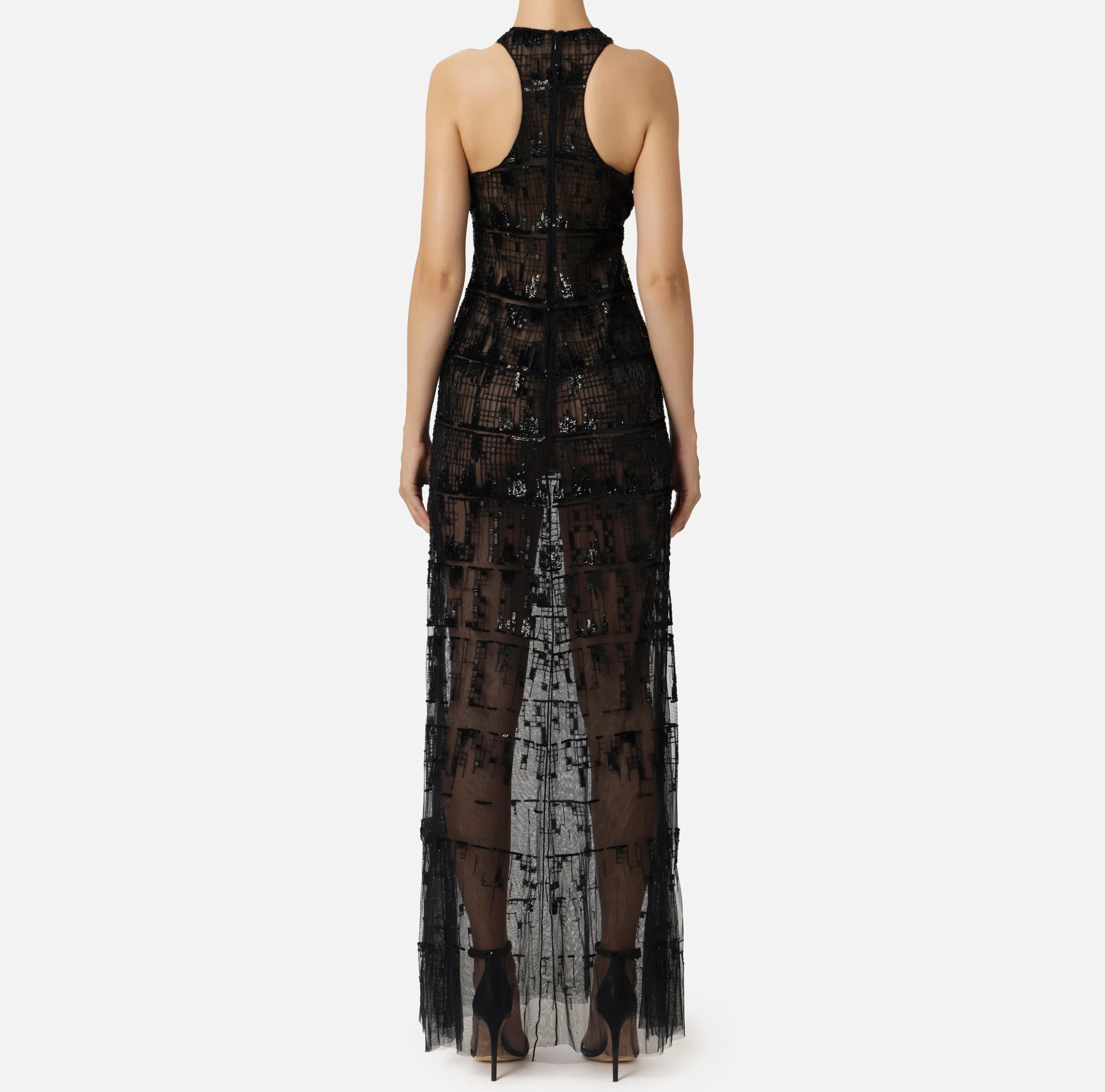 Abito red carpet in tulle ricamato con paillettes pixel