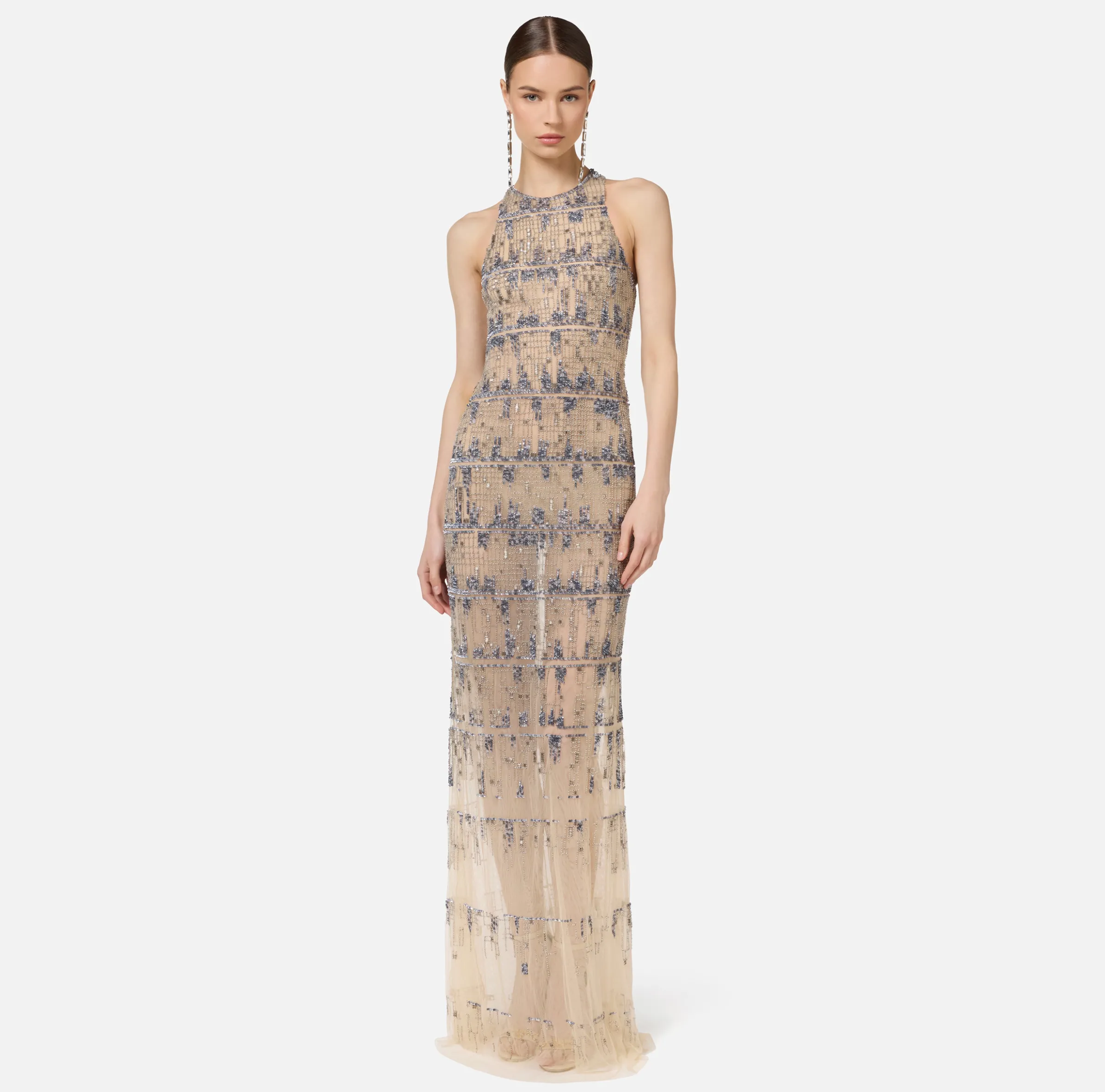 Abito red carpet in tulle ricamato con paillettes pixel